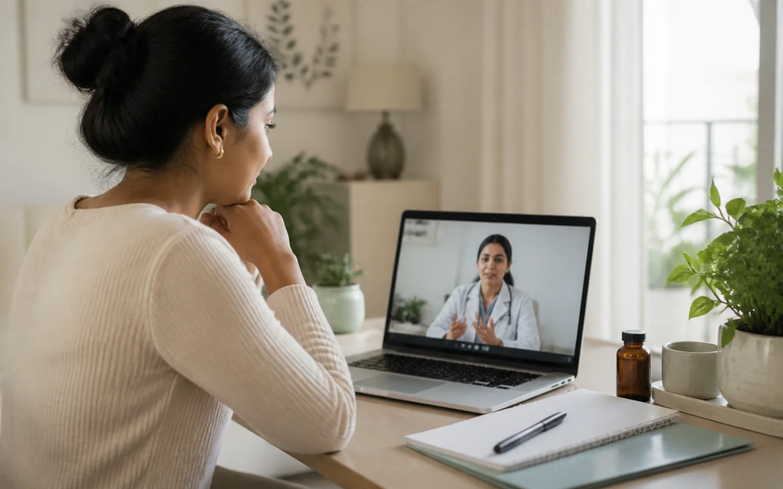 A patient joining a private online consultation from home