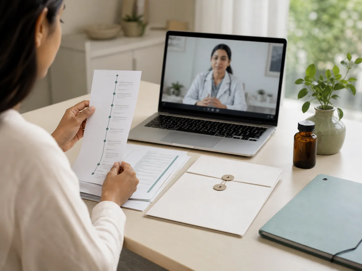 A patient organising reports and notes before an online consultation